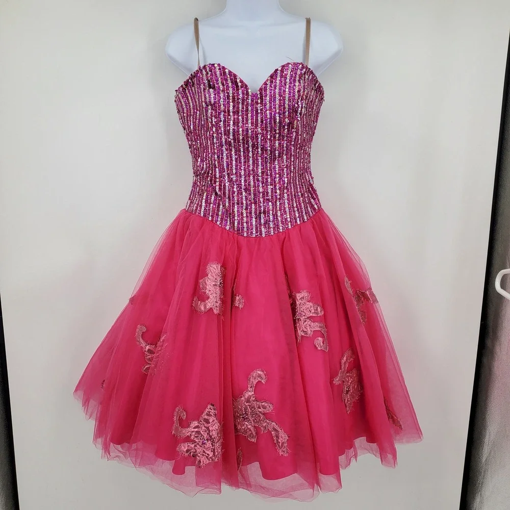 Jovani Hot Pink Sequin Tulle Fit Flare Party Dress Sweetheart 4 Hoco Prom Fomral - Picture 1 of 13